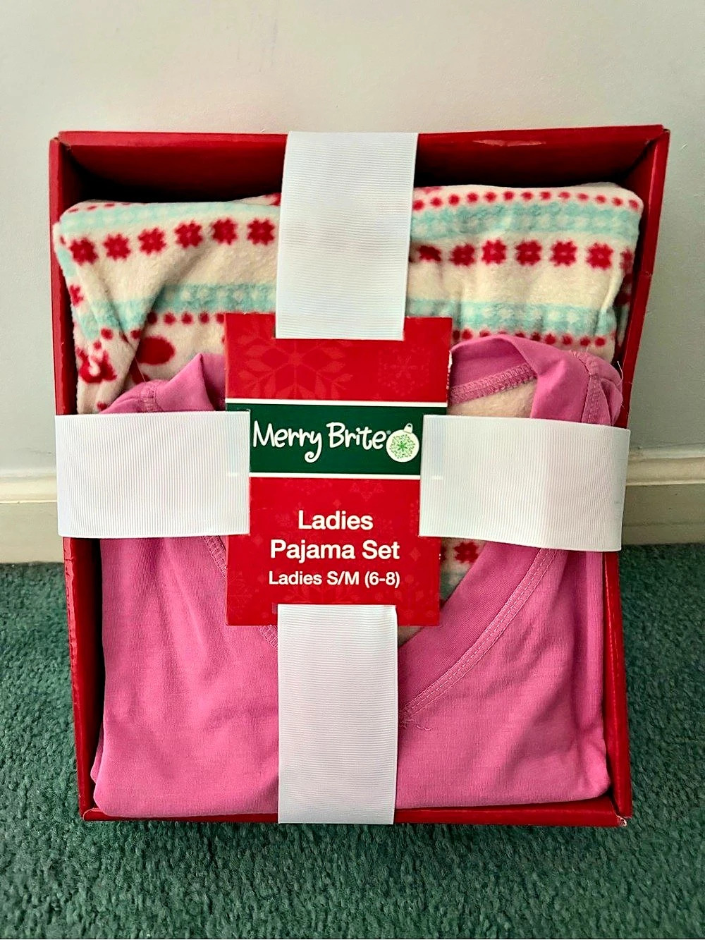 Merry Brites Ladies Pajama Set Pink & White Size S/M NWT